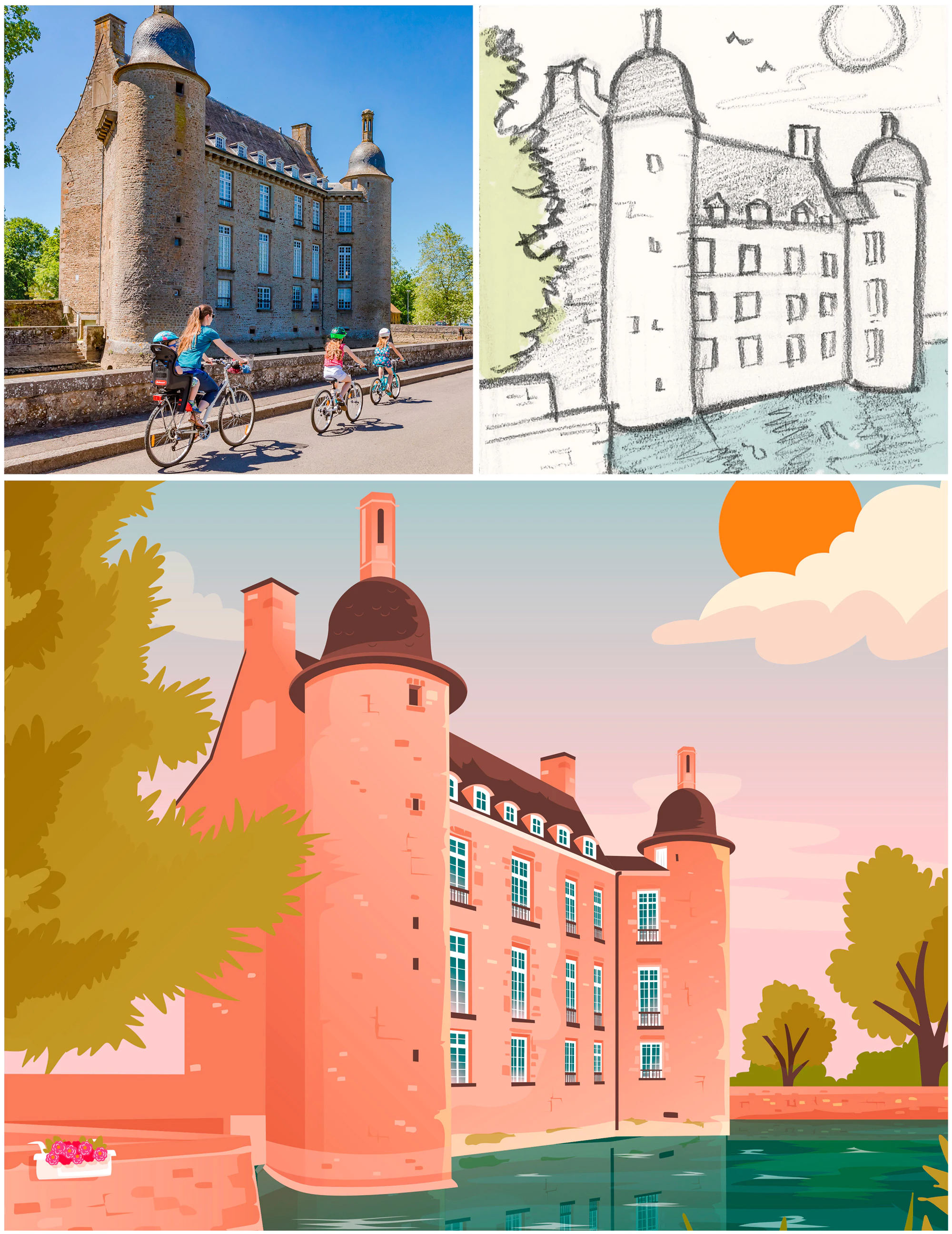 Comparatif photo, croquis, illustration montagne de normandie