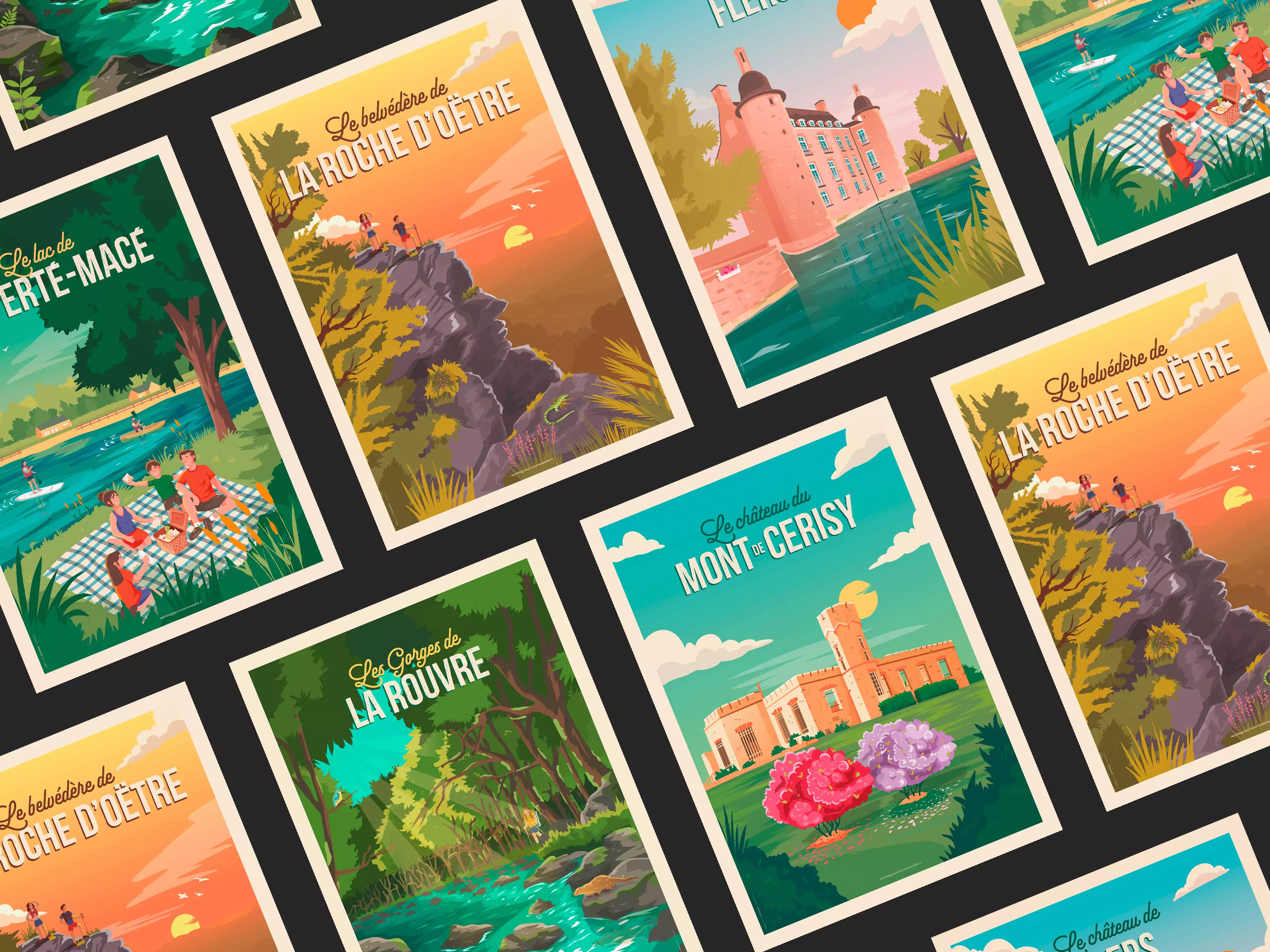 Les cinq illustrations vintage Montagnes de Normandie